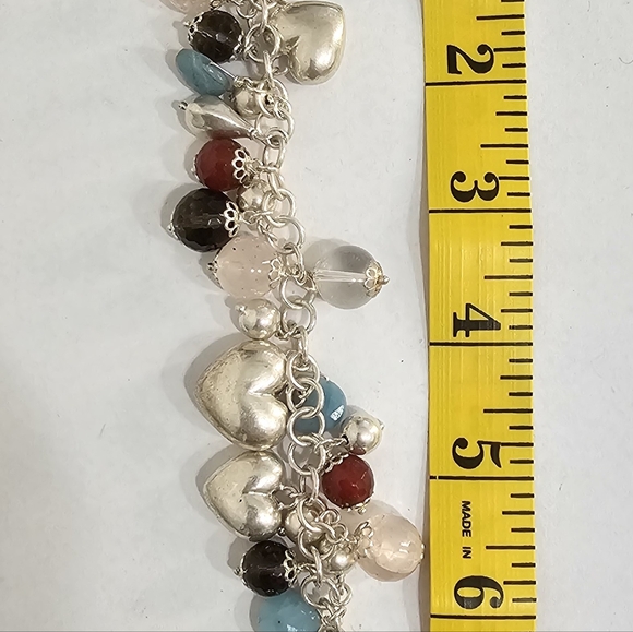 925 Sterling Silver Italy Multy-Color Gem Heart Design Cha Cha Link Bracelet 7" - Picture 2 of 8
